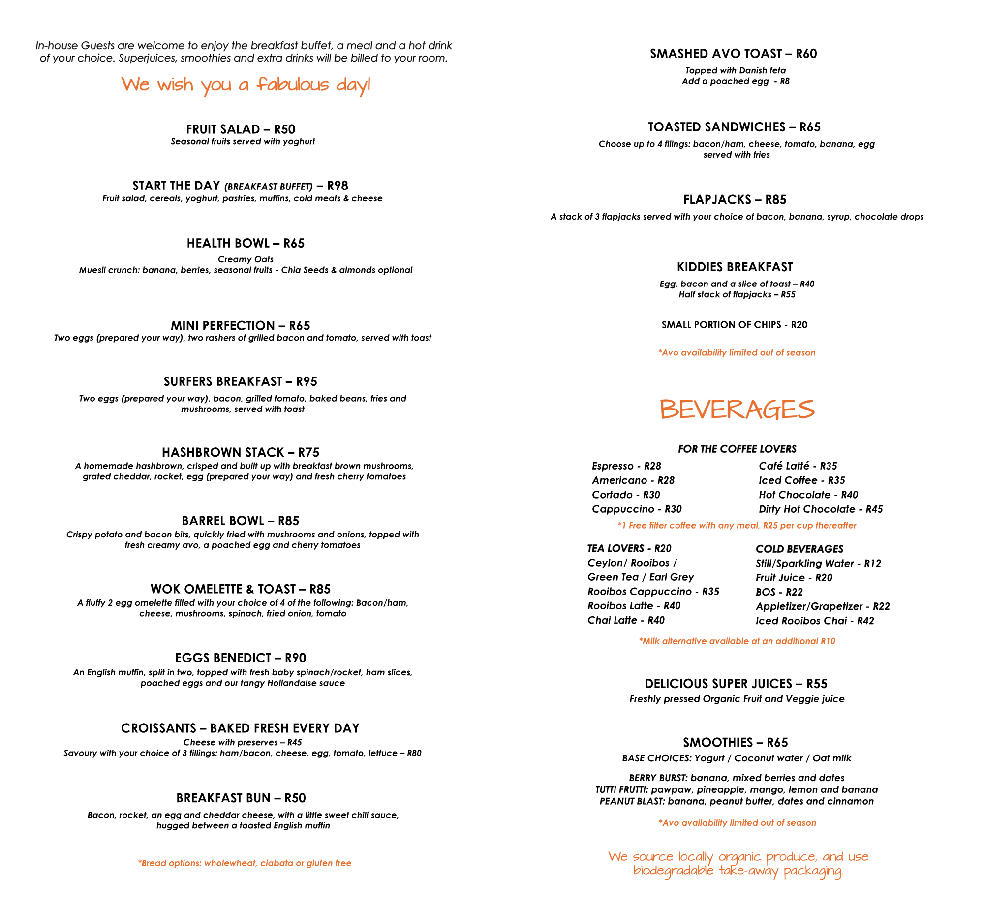 Menu options and prices